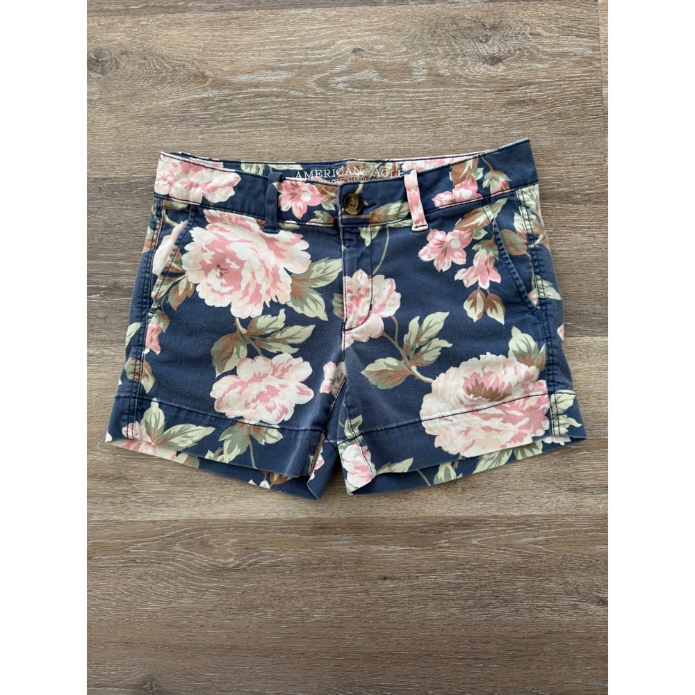 American Eagle Super Stretch Floral Twill Shorts Navy Pink Peony Size 4